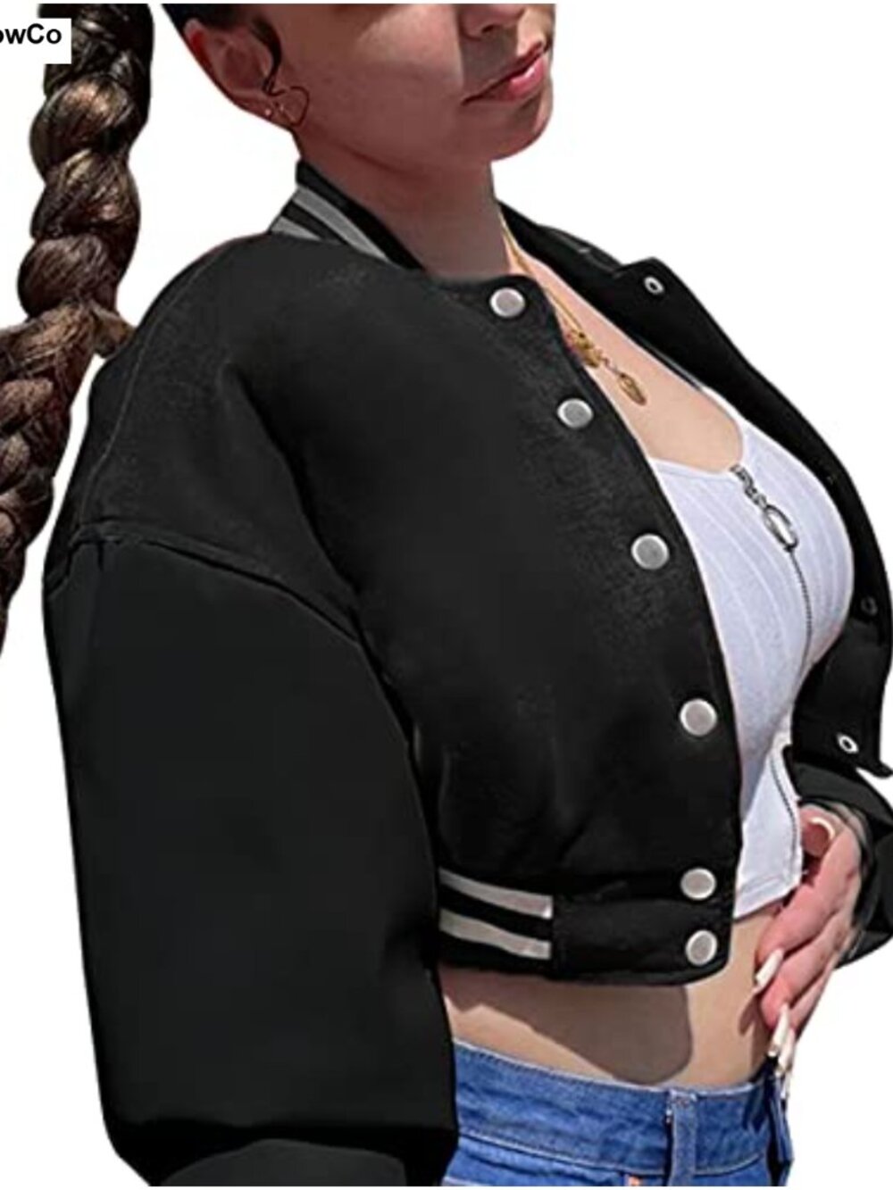 Womens Color Block Crop Fleece Baseball Jacket Button Down Bomber Coat